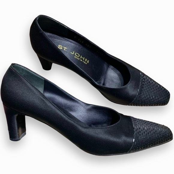 St John Vintage Paillette Black Satin Embellished Square Toe Vintage Heels 8.5 - Picture 2 of 8